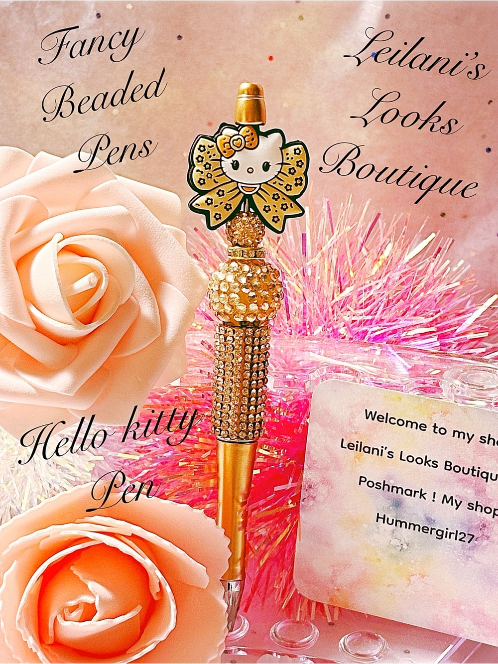 Hello Kitty Gold and Pink Beaded Rhinestone Pen